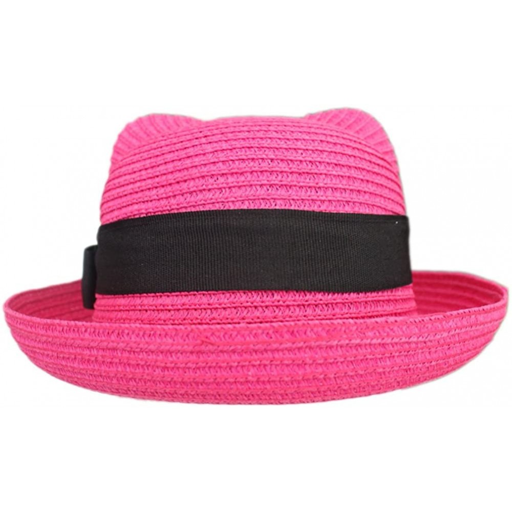 Sun Hats Women Vintage Cat Ear Bowler Straw Hat Sun Summer Beach Roll-up Bowknot Cap Hat - Rose - C412DOGXDRF $6.80