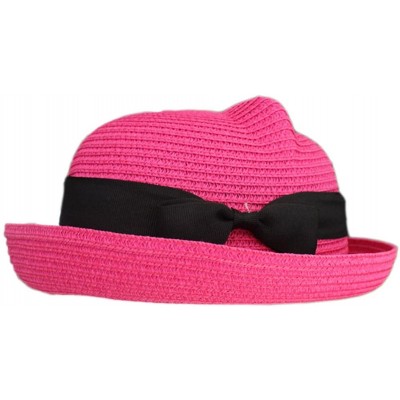 Sun Hats Women Vintage Cat Ear Bowler Straw Hat Sun Summer Beach Roll-up Bowknot Cap Hat - Rose - C412DOGXDRF $6.80