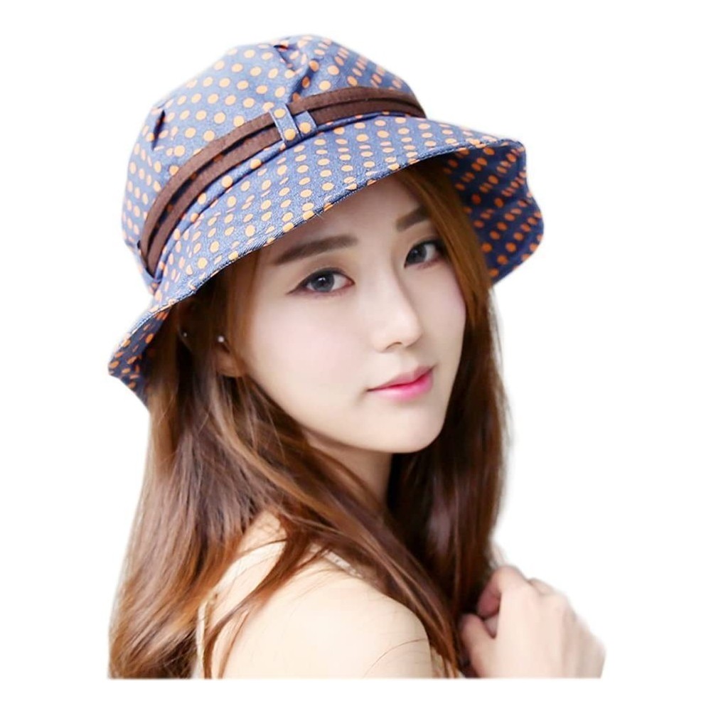 Sun Hats Womens Cotton Polka Dot Rippled Sun UV Protection Folding Bucket Hat Floppy Beach Cap - C512H9OZ6ZP $9.08