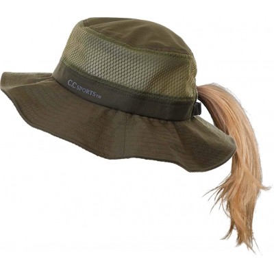 Sun Hats Ponytail Bucket Hat UPF 50+ Messy Bun Sun Hat Wide Brim Mesh Cap - Olive W/ Removable Chin Strap - C719762N9M9 $15.06