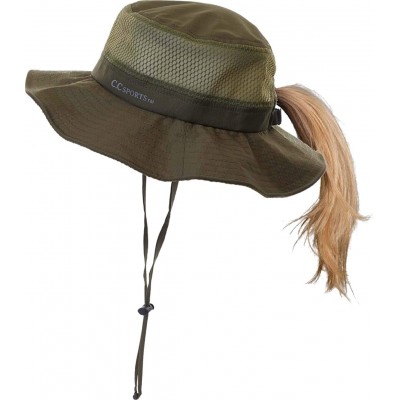 Sun Hats Ponytail Bucket Hat UPF 50+ Messy Bun Sun Hat Wide Brim Mesh Cap - Olive W/ Removable Chin Strap - C719762N9M9 $15.06