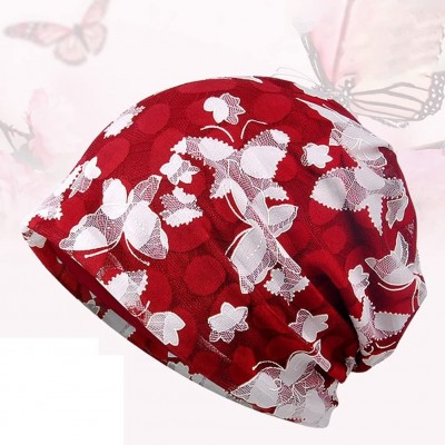 Headbands Lace Floral Beanie Hat Diamonds Beads Chemo Cap Soft Comfort Chic Slouchy Hats for Women - Butterfly Red - CD18H3N9...