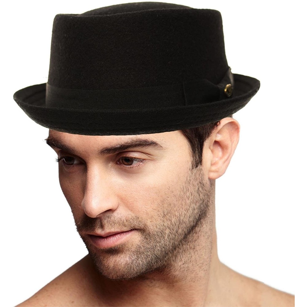 Fedoras Men's Winter Wool Boater Porkpie Derby Flat Fedora Ribbon Band Hat - Black - C711H7VPGW9 $21.82