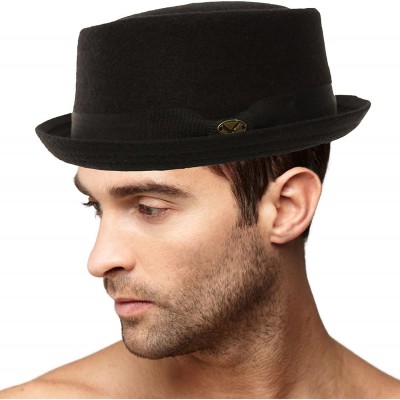 Fedoras Men's Winter Wool Boater Porkpie Derby Flat Fedora Ribbon Band Hat - Black - C711H7VPGW9 $21.82