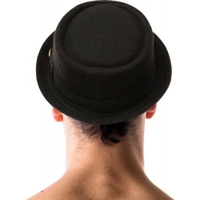 Fedoras Men's Winter Wool Boater Porkpie Derby Flat Fedora Ribbon Band Hat - Black - C711H7VPGW9 $21.82