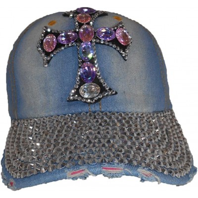 Baseball Caps Womens Bling Bling Denim Jean Hat Cap Adjustable - Cross Denim-02 - CD120C5P5XL $14.33