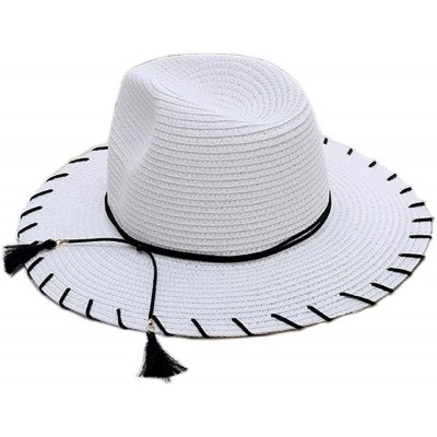 Sun Hats Women Elegant Bowknot Floppy Beach Straw Hats Wide Brim Packable Sun Cap - Tassel White - CG18EZOXTNM $11.76