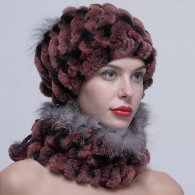 Skullies & Beanies Women's Real Rex Rabbit Fur Slouch Hat Cap with Fox Ball Pom Pom - Pink - CO12N410MLN $37.01