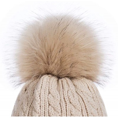 Skullies & Beanies Womens Winter Beanie Hat- Warm Fleece Lined Knitted Soft Ski Cuff Cap with Pom Pom(Dark Gray+Oatmeal) - CL...