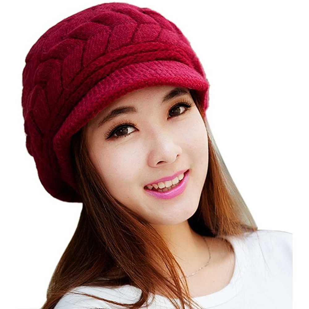 Cold Weather Headbands Women Winter Beanie Hat Solid Knitted Beret Newsboy Skull Cap - Red - CJ18LHCSGUT $11.83