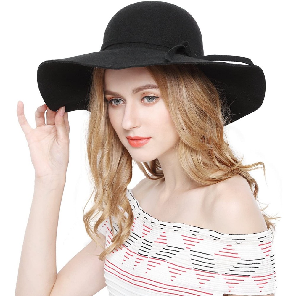 Fedoras Women 100% Wool Wide Brim Cloche Fedora Floppy hat Cap - Black - CJ120G8N40F $14.82