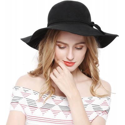 Fedoras Women 100% Wool Wide Brim Cloche Fedora Floppy hat Cap - Black - CJ120G8N40F $14.82