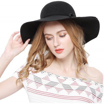 Fedoras Women 100% Wool Wide Brim Cloche Fedora Floppy hat Cap - Black - CJ120G8N40F $14.82