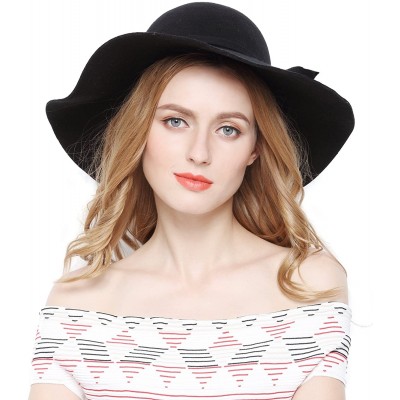 Fedoras Women 100% Wool Wide Brim Cloche Fedora Floppy hat Cap - Black - CJ120G8N40F $14.82