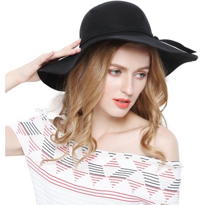 Fedoras Women 100% Wool Wide Brim Cloche Fedora Floppy hat Cap - Black - CJ120G8N40F $14.82