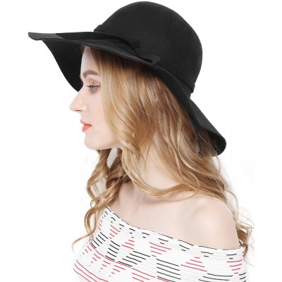 Fedoras Women 100% Wool Wide Brim Cloche Fedora Floppy hat Cap - Black - CJ120G8N40F $14.82