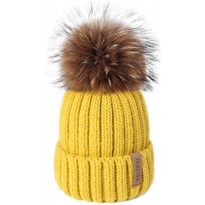 Skullies & Beanies Winter Knit Hat Detachable Real Raccoon Fur Pom Pom Womens Girls Warm Knit Beanie Hat - CY127L50W2T $18.73