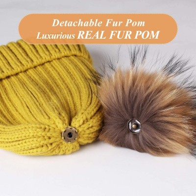 Skullies & Beanies Winter Knit Hat Detachable Real Raccoon Fur Pom Pom Womens Girls Warm Knit Beanie Hat - CY127L50W2T $18.73