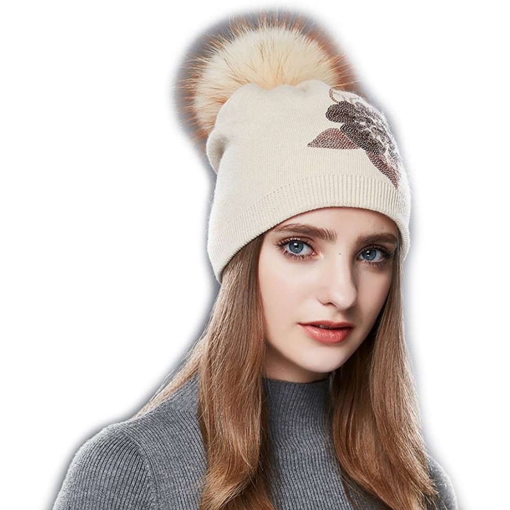 Skullies & Beanies Winter Fur Pom Bobble Cap Women Wool Slouchy Beanie Hat Chunky Skullies - Beige - CV1867WZ275 $29.33