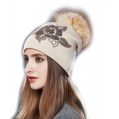 Skullies & Beanies Winter Fur Pom Bobble Cap Women Wool Slouchy Beanie Hat Chunky Skullies - Beige - CV1867WZ275 $29.33