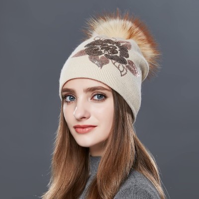 Skullies & Beanies Winter Fur Pom Bobble Cap Women Wool Slouchy Beanie Hat Chunky Skullies - Beige - CV1867WZ275 $29.33