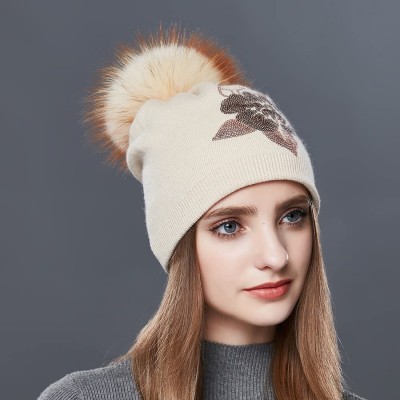 Skullies & Beanies Winter Fur Pom Bobble Cap Women Wool Slouchy Beanie Hat Chunky Skullies - Beige - CV1867WZ275 $29.33