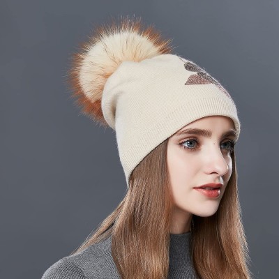 Skullies & Beanies Winter Fur Pom Bobble Cap Women Wool Slouchy Beanie Hat Chunky Skullies - Beige - CV1867WZ275 $29.33