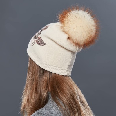 Skullies & Beanies Winter Fur Pom Bobble Cap Women Wool Slouchy Beanie Hat Chunky Skullies - Beige - CV1867WZ275 $29.33