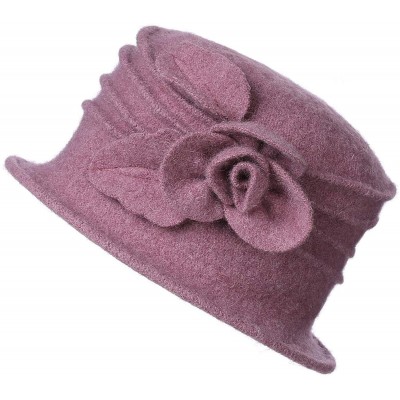 Fedoras Women's Elegant Flower 100% Wool Trimmed Wool Cloche Winter Hat - Purple Pink - CP18IWQ8XA9 $15.25