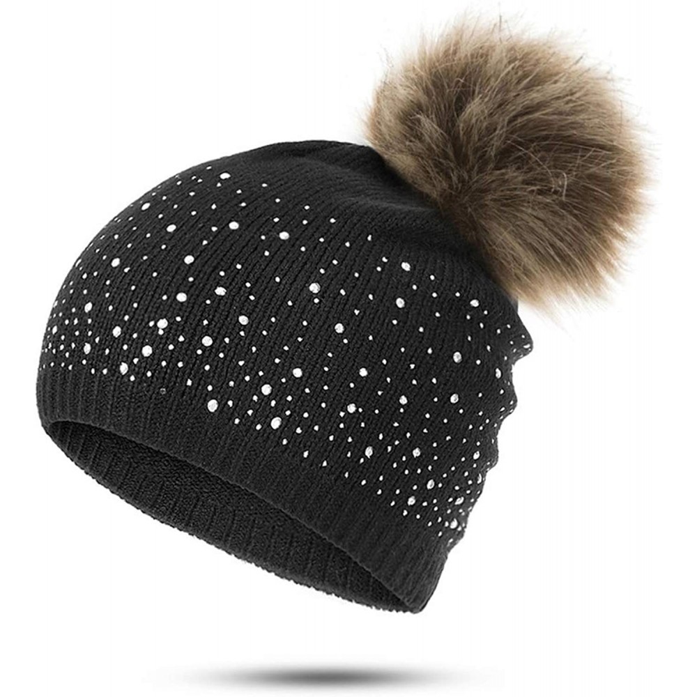 Skullies & Beanies Women's Winter Beanies Hat Knit Beanie Hat Pompom Female Rhinestone Skullies Hat - Black - CL18A2EXWHR $26.19