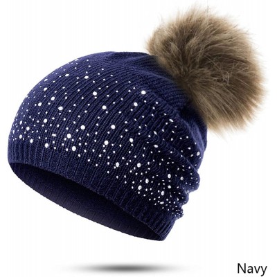 Skullies & Beanies Women's Winter Beanies Hat Knit Beanie Hat Pompom Female Rhinestone Skullies Hat - Black - CL18A2EXWHR $26.19