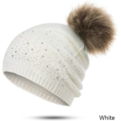 Skullies & Beanies Women's Winter Beanies Hat Knit Beanie Hat Pompom Female Rhinestone Skullies Hat - Black - CL18A2EXWHR $26.19