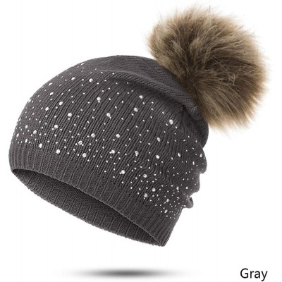 Skullies & Beanies Women's Winter Beanies Hat Knit Beanie Hat Pompom Female Rhinestone Skullies Hat - Black - CL18A2EXWHR $26.19