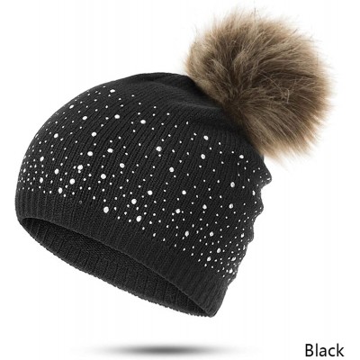 Skullies & Beanies Women's Winter Beanies Hat Knit Beanie Hat Pompom Female Rhinestone Skullies Hat - Black - CL18A2EXWHR $26.19