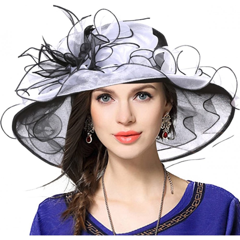 Sun Hats Kentucky Derby Hat Wide Brim Flounce Cocktail Tea Party Bridal Dress Church Hat - Black - CY12LT4GSI5 $19.05