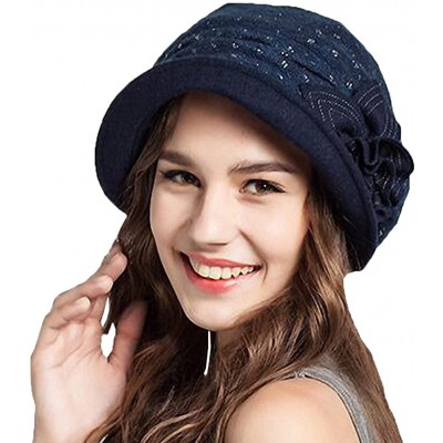 Berets Women's Decorative Flowers Wool Beret - Navy Blue - C712J579CIB $26.59