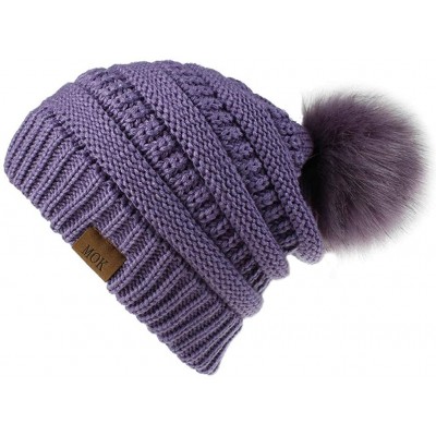Skullies & Beanies Women Casual Knit Hats Beanie Hat Large Pom Ladies Winter Warm Cap - Purple - CN18AYY7K6M $7.54