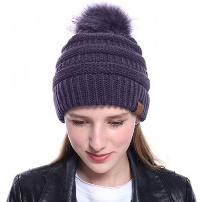 Skullies & Beanies Women Casual Knit Hats Beanie Hat Large Pom Ladies Winter Warm Cap - Purple - CN18AYY7K6M $7.54