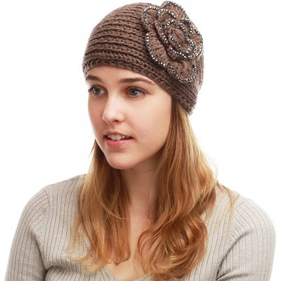 Cold Weather Headbands Hand Knit Crocheted Headband with Stone Flower Decoration-9colors - Brown - CI129JJOHN5 $23.17