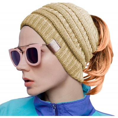 Skullies & Beanies Women Ponytail Beanie Messy Bun Style Hat Stretchy Cable Knit Wool Slouchy Skull Winter - Cream - CS18L7U9...