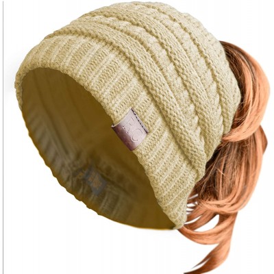 Skullies & Beanies Women Ponytail Beanie Messy Bun Style Hat Stretchy Cable Knit Wool Slouchy Skull Winter - Cream - CS18L7U9...