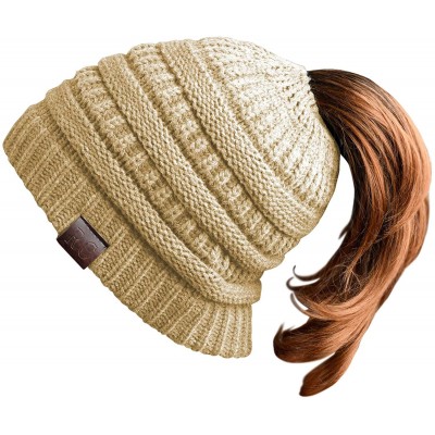 Skullies & Beanies Women Ponytail Beanie Messy Bun Style Hat Stretchy Cable Knit Wool Slouchy Skull Winter - Cream - CS18L7U9...