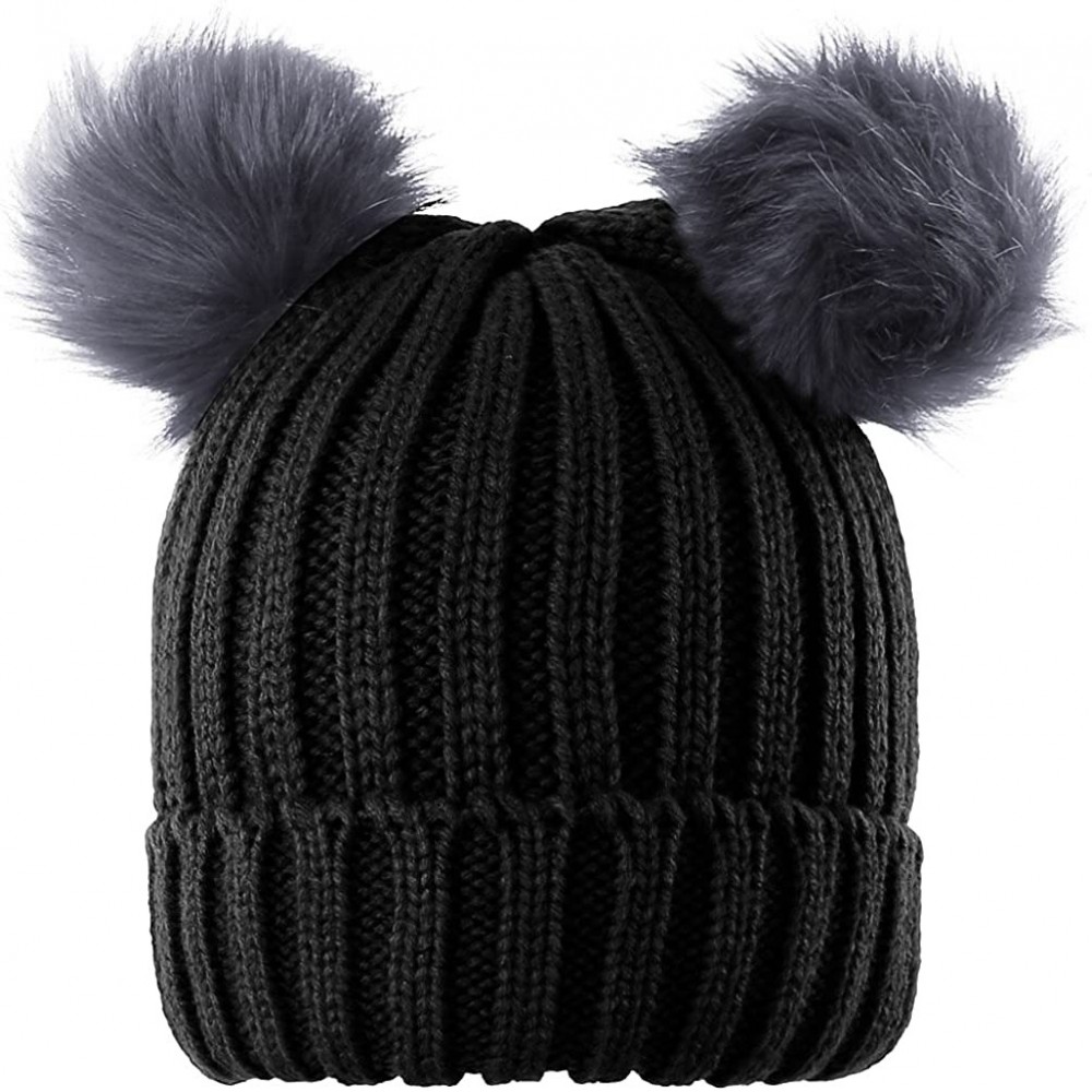 Skullies & Beanies Two Pom Pom Hat Lovely Beanie Winter Warm Knit Hats Slouchy Beanie for Women - Black - C51886KKORT $9.50