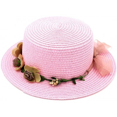Sun Hats Women Summer Straw Boater Hat Beach Round Top Caps Wedding Flower Garland Band - Pink - CP183O8OSN6 $8.86