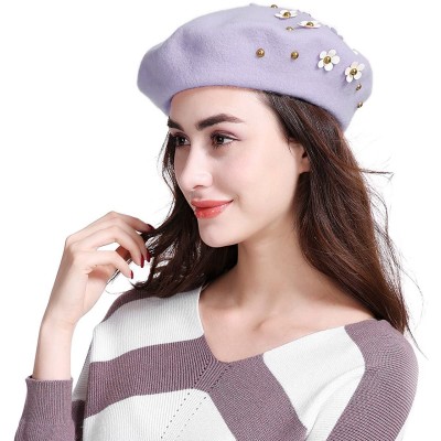 Berets Women's Franch Inspired Wool Felt Beret Hat Bow/Rivet/Floral Appliqued - Floral-purple - C81888O99E4 $27.24