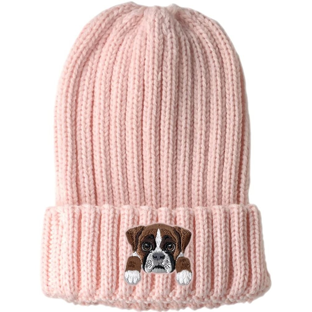 Skullies & Beanies [ Boxer Dog ] Cute Embroidered Puppy Dog Warm Knit Fleece Winter Beanie Skull Cap - Pink - C6189RXR3XT $12.37