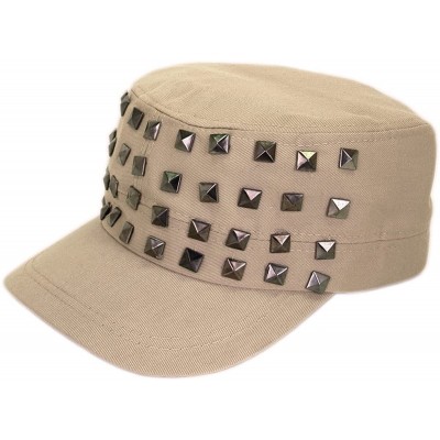 Newsboy Caps Adjustable Cotton Military Style Studded Front Army Cap Cadet Hat - Diff Colors Avail - Khaki - CW11KUTXQ2H $11.15