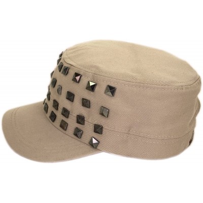 Newsboy Caps Adjustable Cotton Military Style Studded Front Army Cap Cadet Hat - Diff Colors Avail - Khaki - CW11KUTXQ2H $11.15