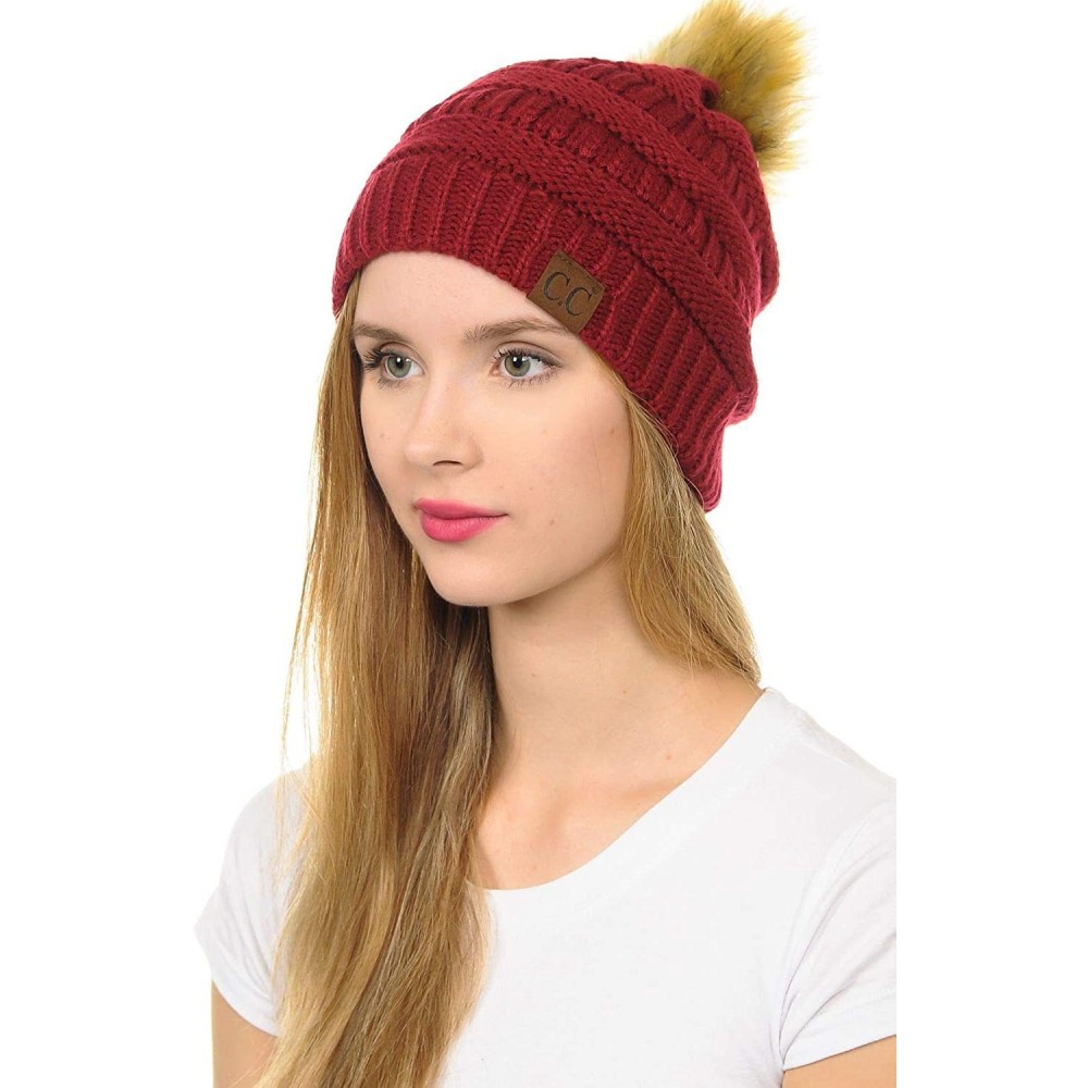 Skullies & Beanies Hat-43 Thick Warm Cap Hat Skully Faux Fur Pom Pom Cable Knit Beanie - Burgundy - CC18X9XUXSD $12.72