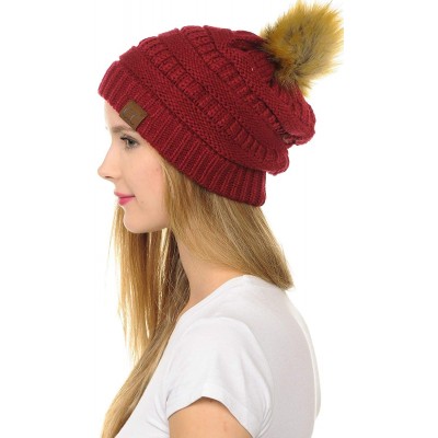 Skullies & Beanies Hat-43 Thick Warm Cap Hat Skully Faux Fur Pom Pom Cable Knit Beanie - Burgundy - CC18X9XUXSD $12.72